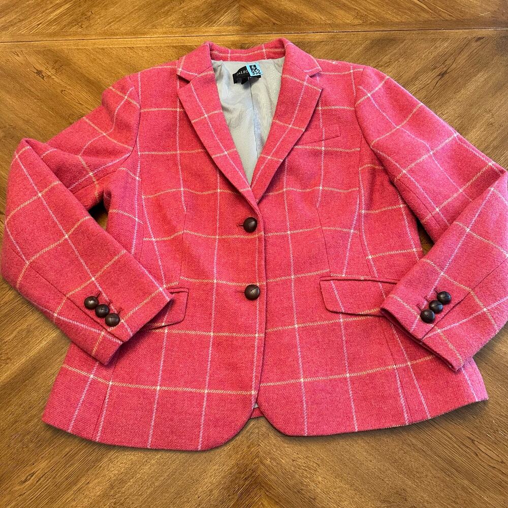 Talbots Pink Wool Check Plaid Preppy Button Front Blazer Sz 14 Academia Pockets